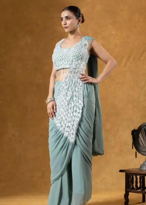 Pista Peacock Pallu Readymade Saree for Wedding