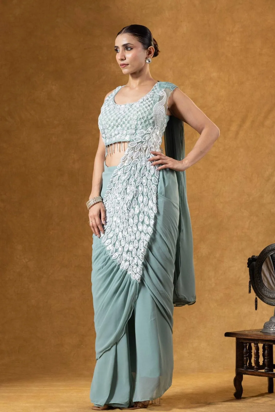 Pista Peacock Pallu Readymade Saree for Wedding