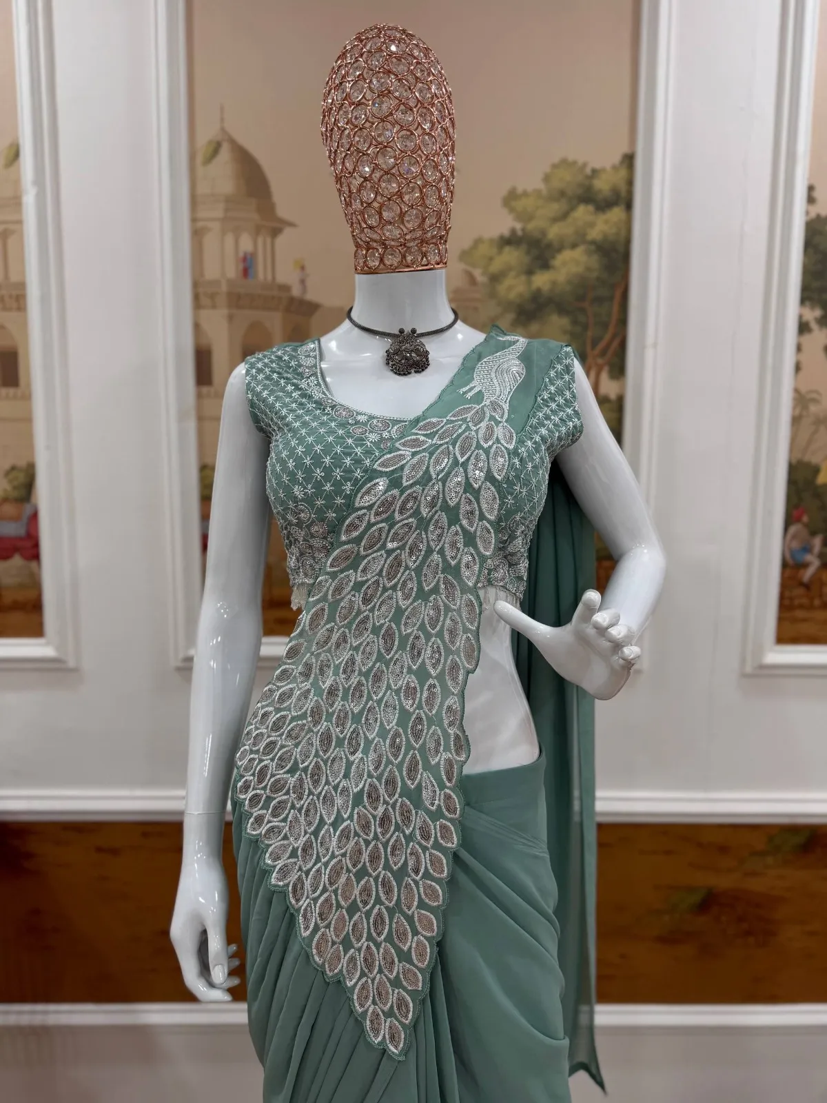 Pista Peacock Pallu Readymade Saree for Wedding