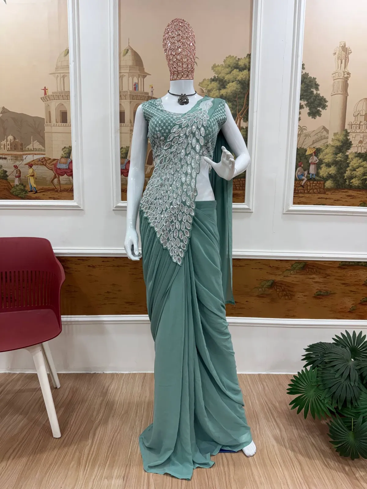 Pista Peacock Pallu Readymade Saree for Wedding