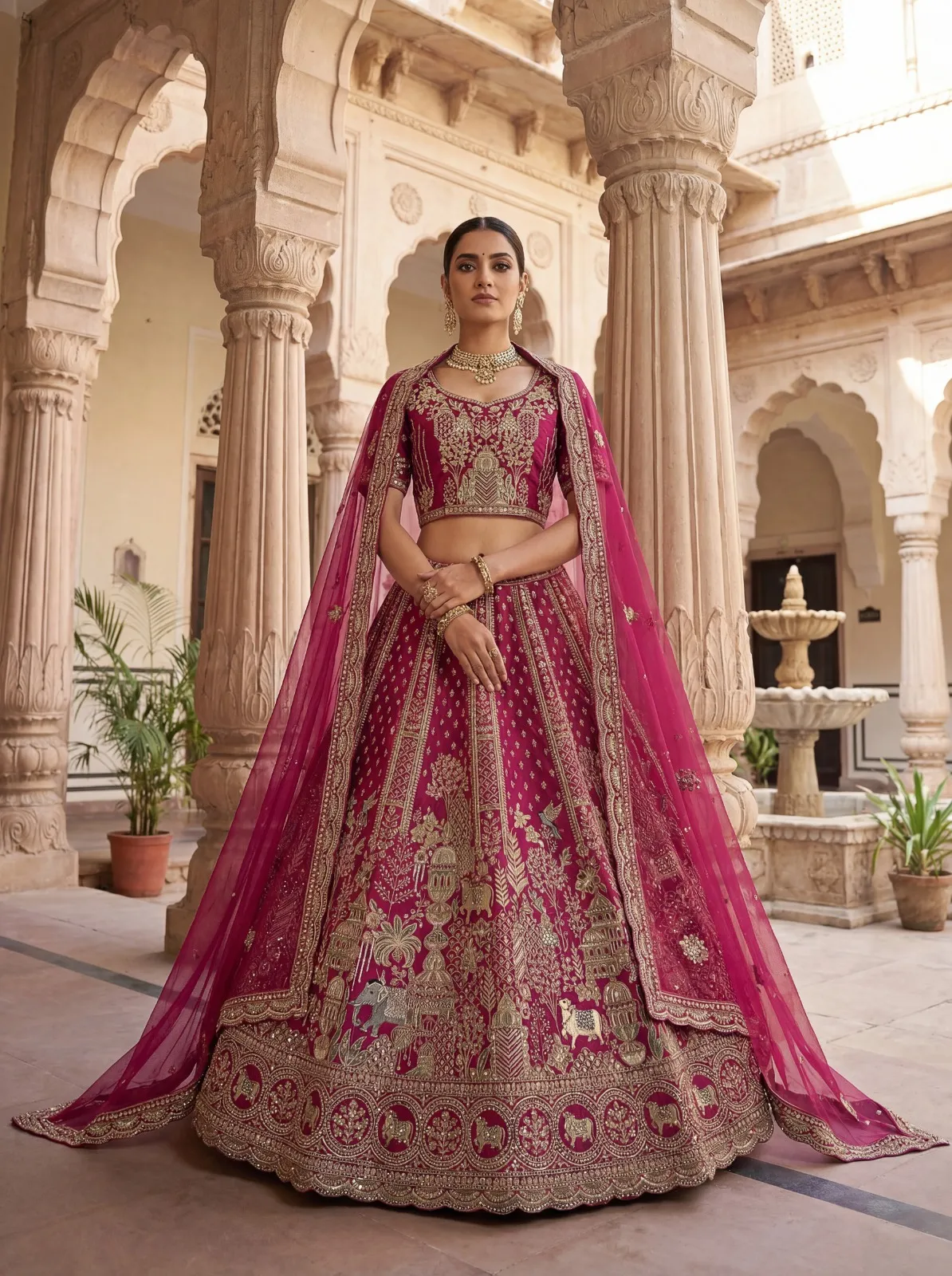 Rani Bridal Double Dupatta Lehenga with Handwork