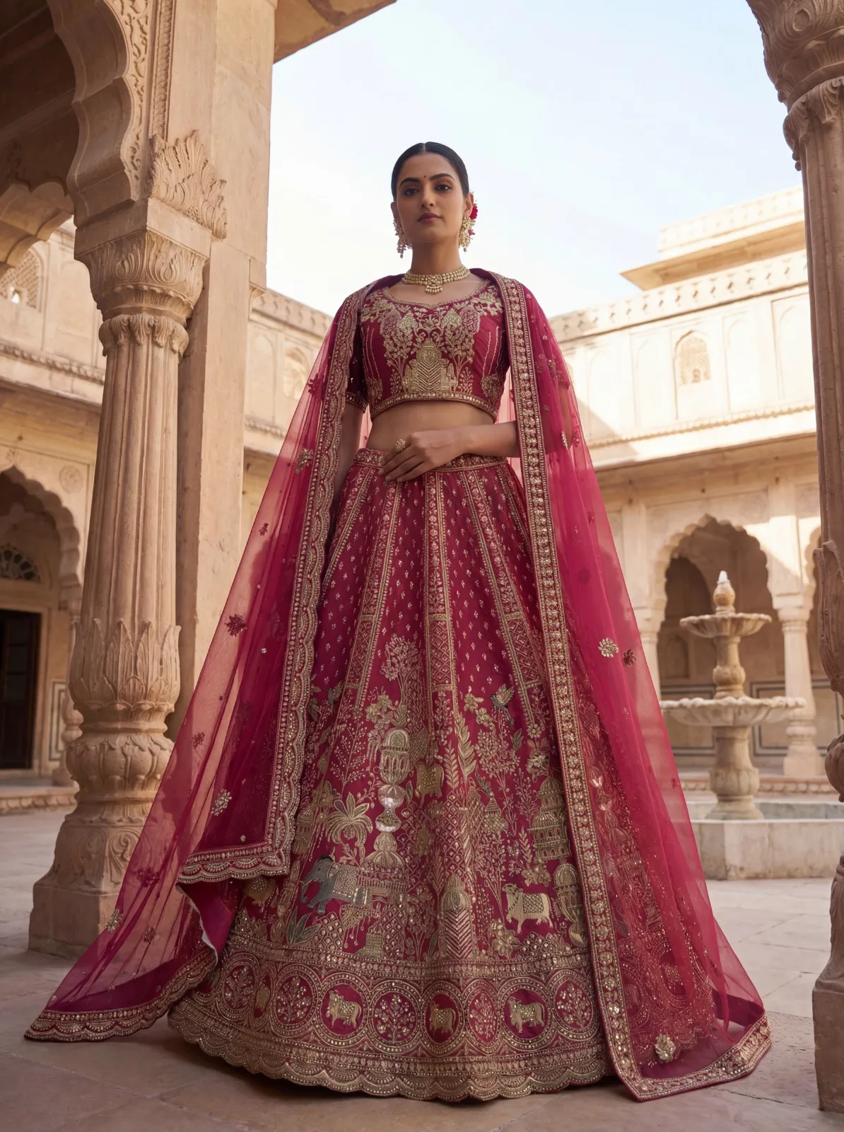 Rani Bridal Double Dupatta Lehenga with Handwork