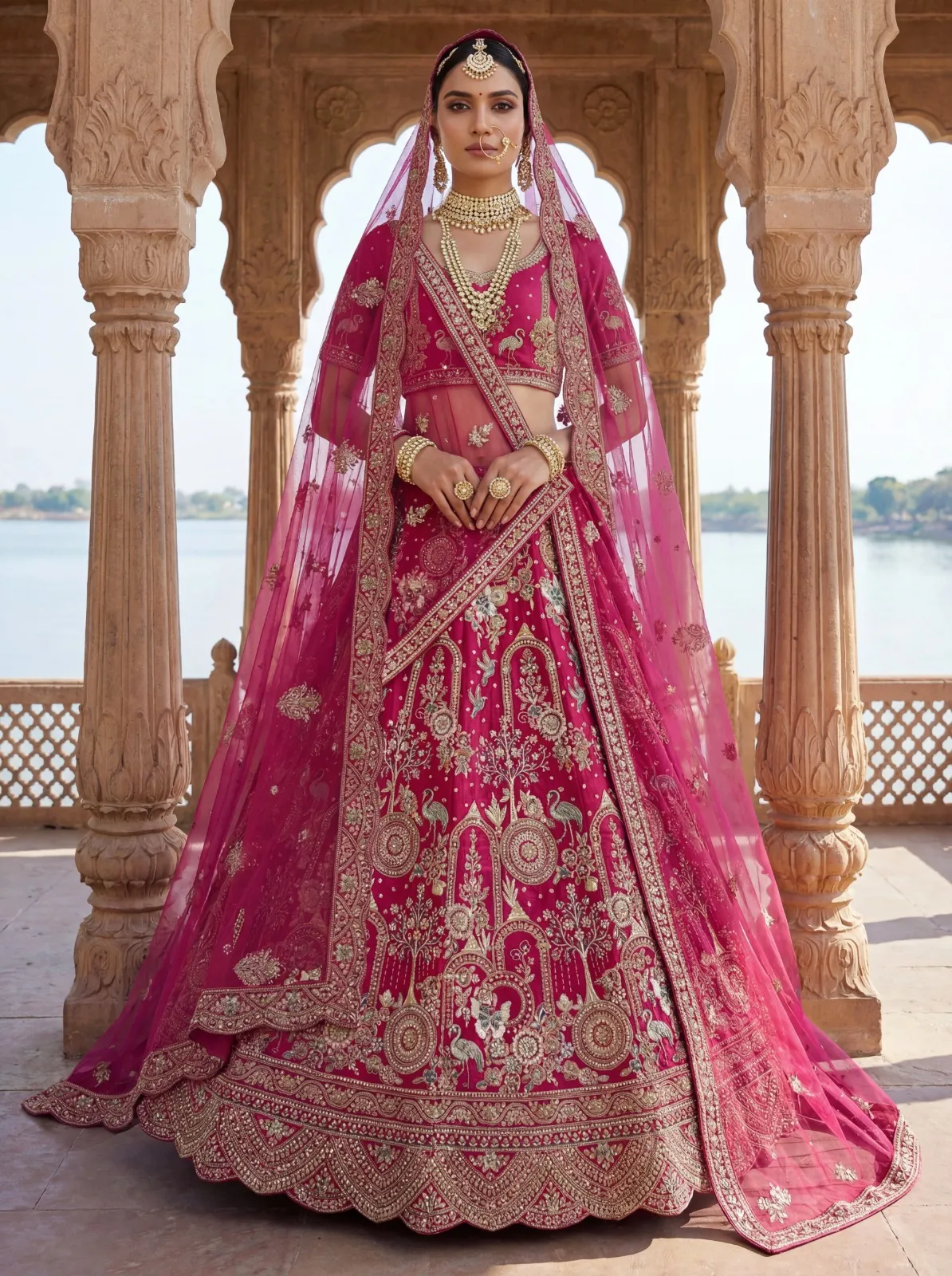 Rani Pink Bridal Lehenga Choli with Double Dupatta Under 20000