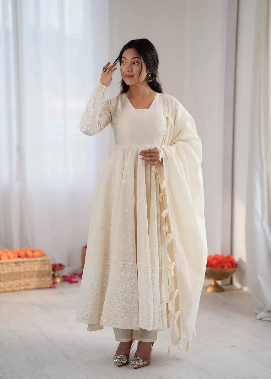 White Schiffli Work Anarkali Gown