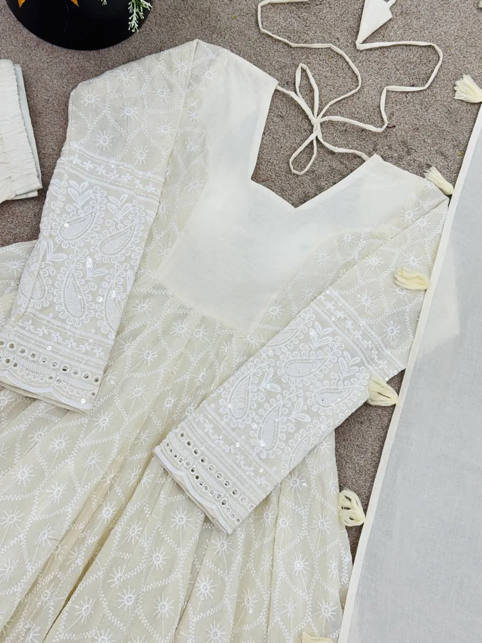 White Schiffli Work Anarkali Gown