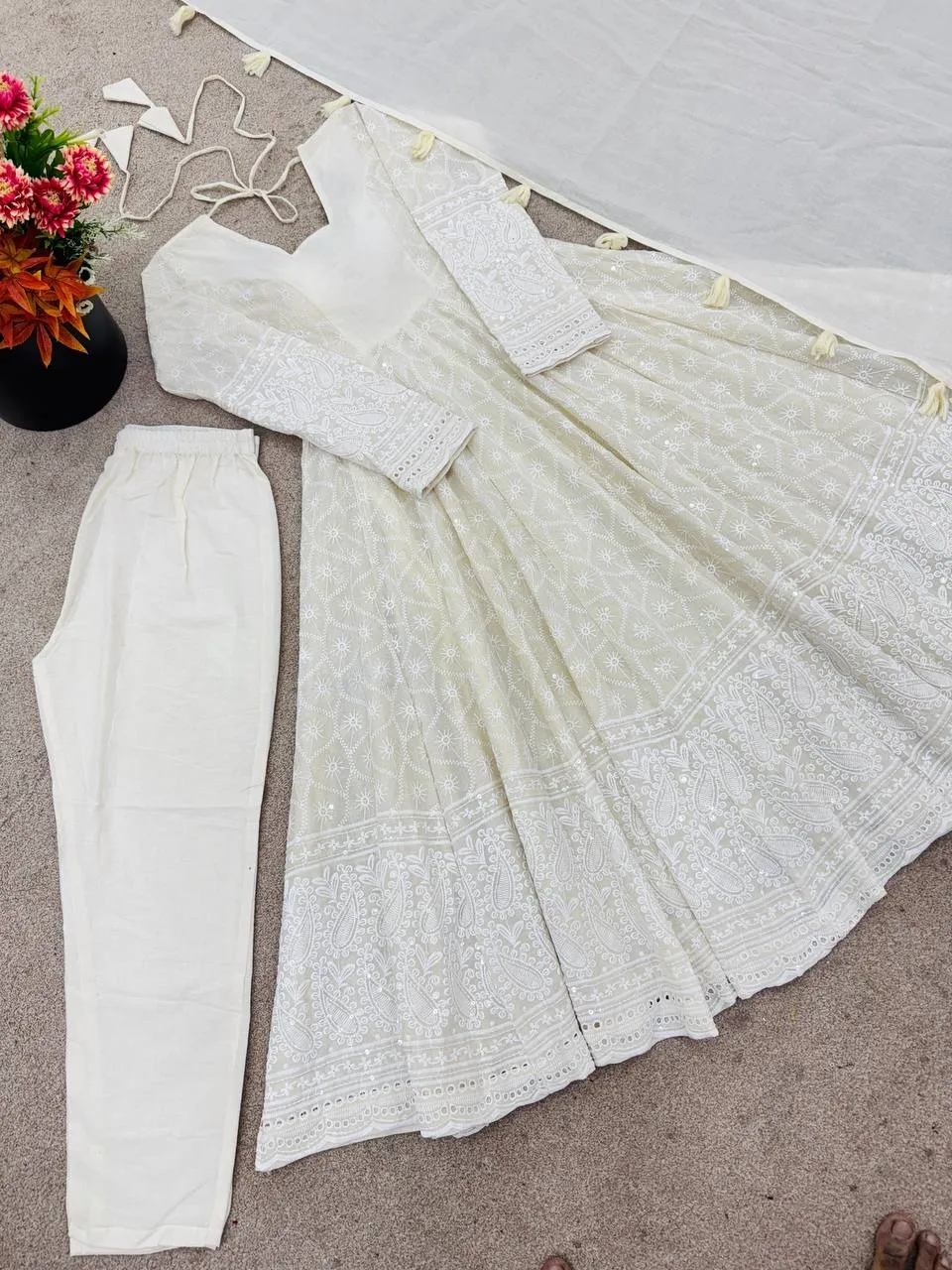White Schiffli Work Anarkali Gown