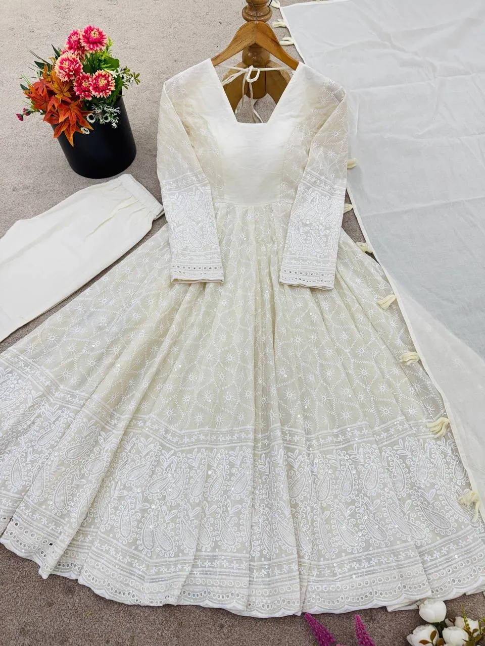White Schiffli Work Anarkali Gown