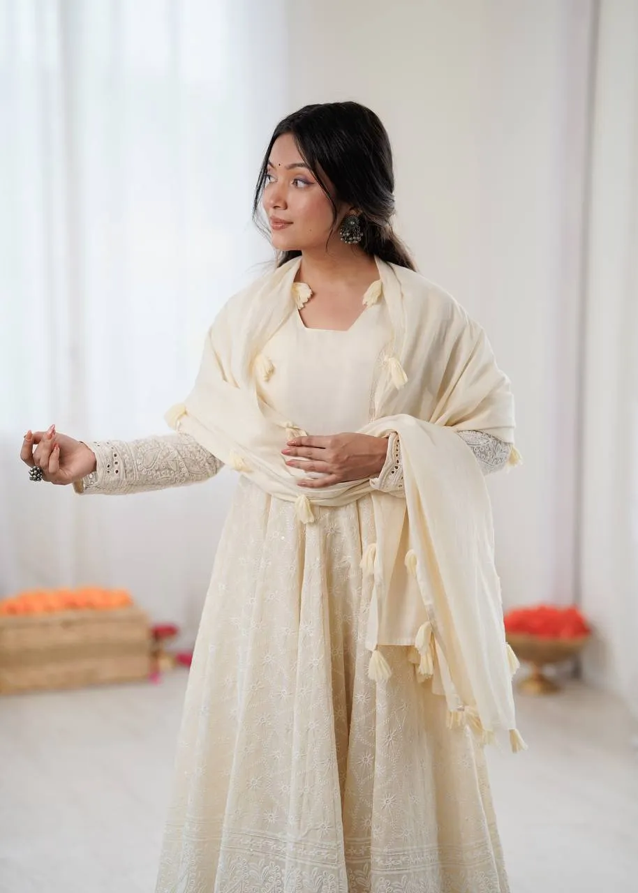 White Schiffli Work Anarkali Gown
