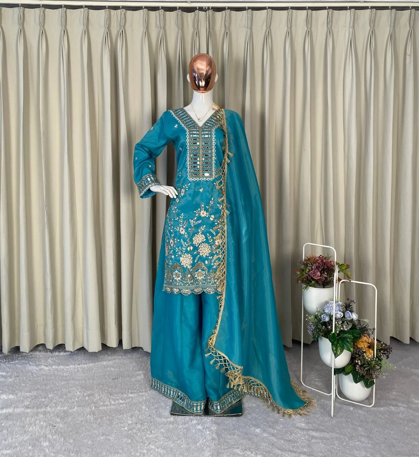 Sky Blue Designer Mirror Work Plazzo Set