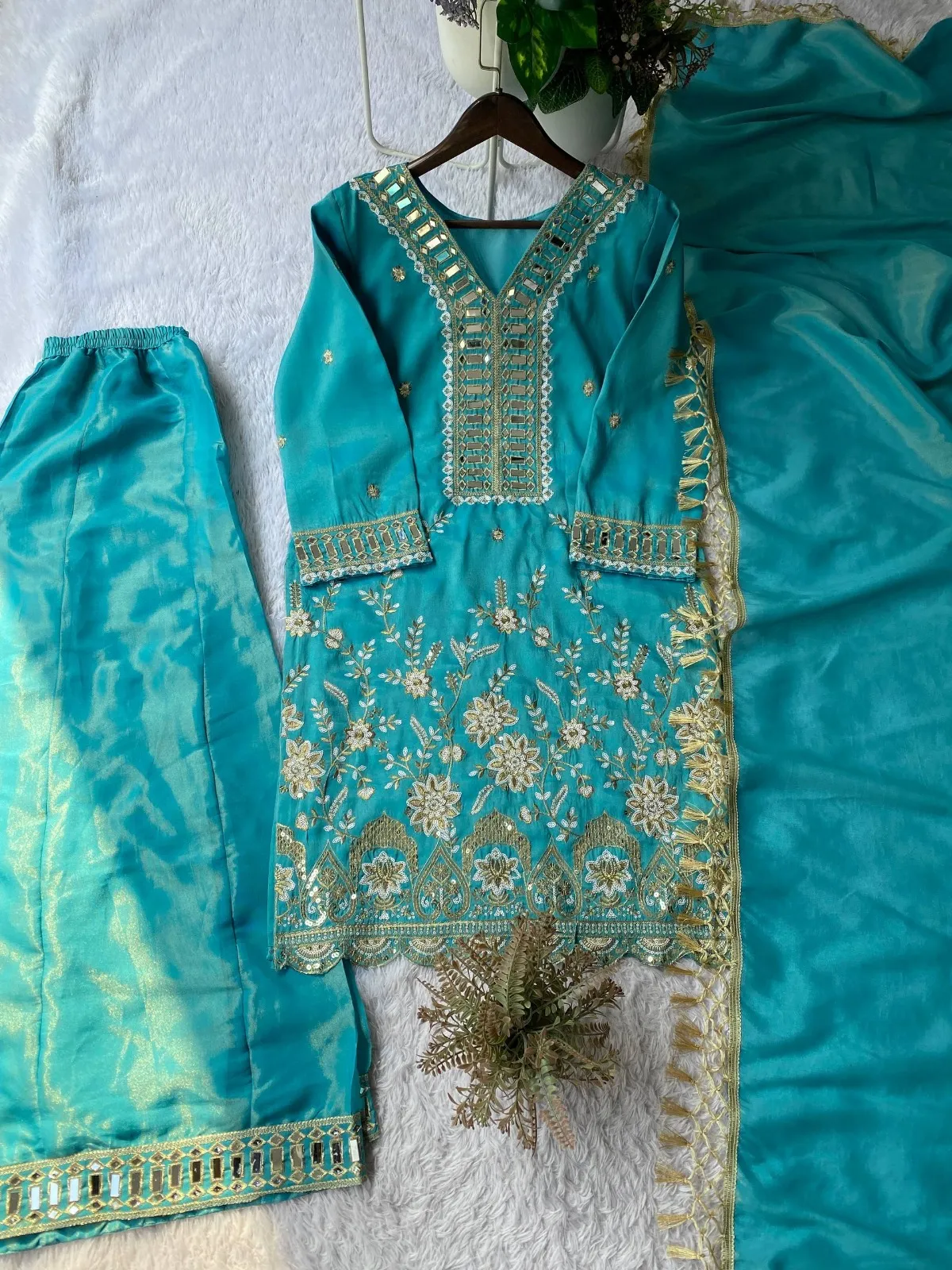 Sky Blue Designer Mirror Work Plazzo Set