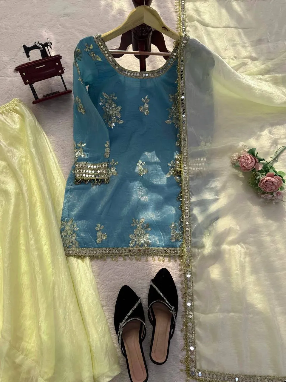 Sky Blue Short Shirt with Plazzo Set | Eid Wear Suits