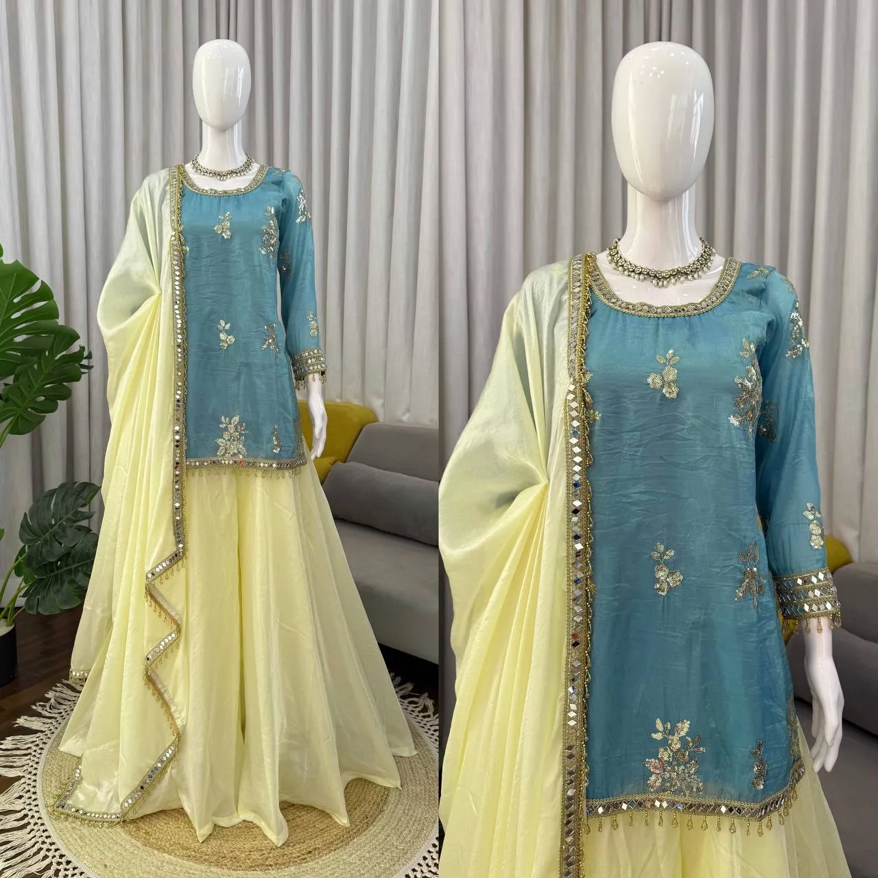 Sky Blue Short Shirt with Plazzo Set | Eid Wear Suits
