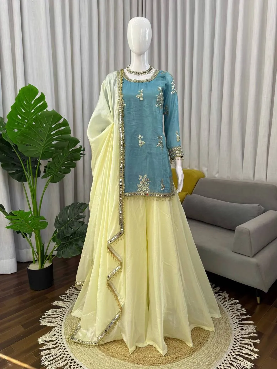 Sky Blue Short Shirt with Plazzo Set | Eid Wear Suits