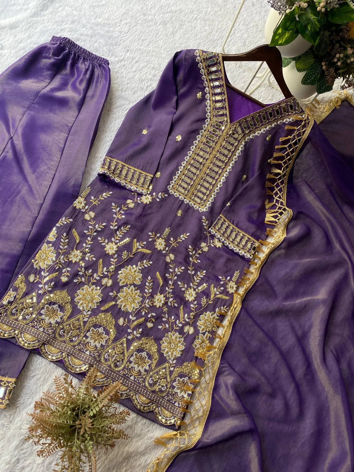 Violet Designer Mirror Work Plazzo Set