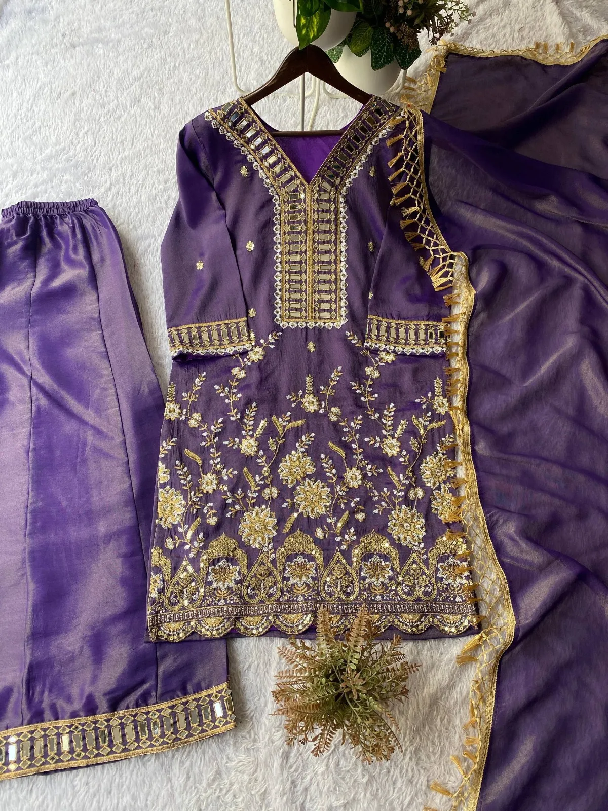 Violet Designer Mirror Work Plazzo Set