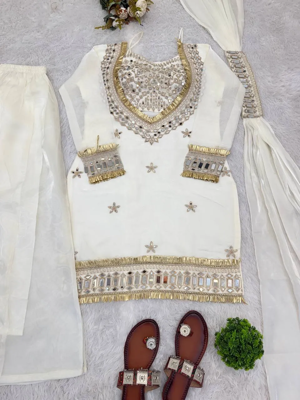 White 4 Piece Blouse Suit with Salwar