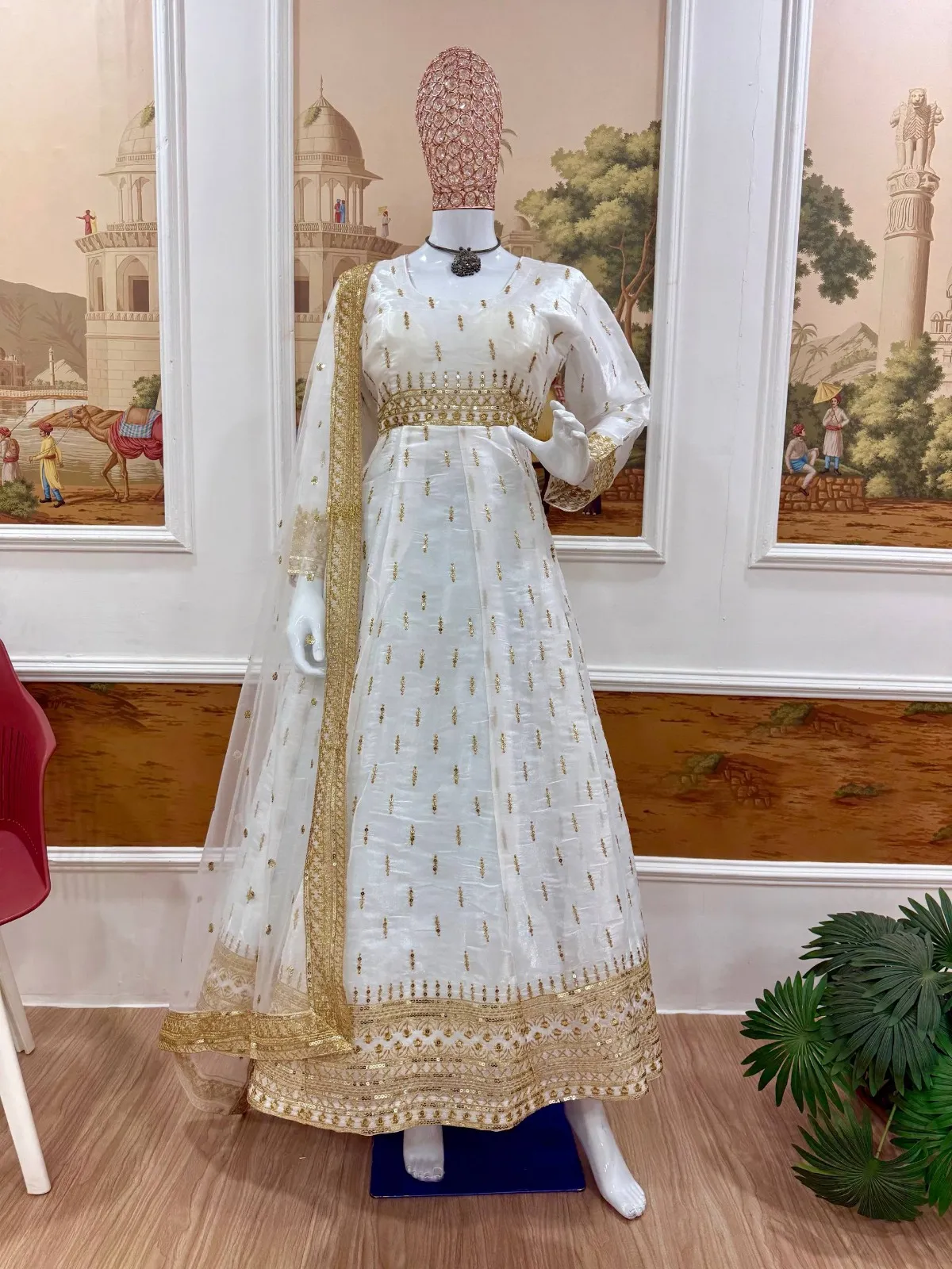 White Anarkali with Golden Embroidery for Eid Festival