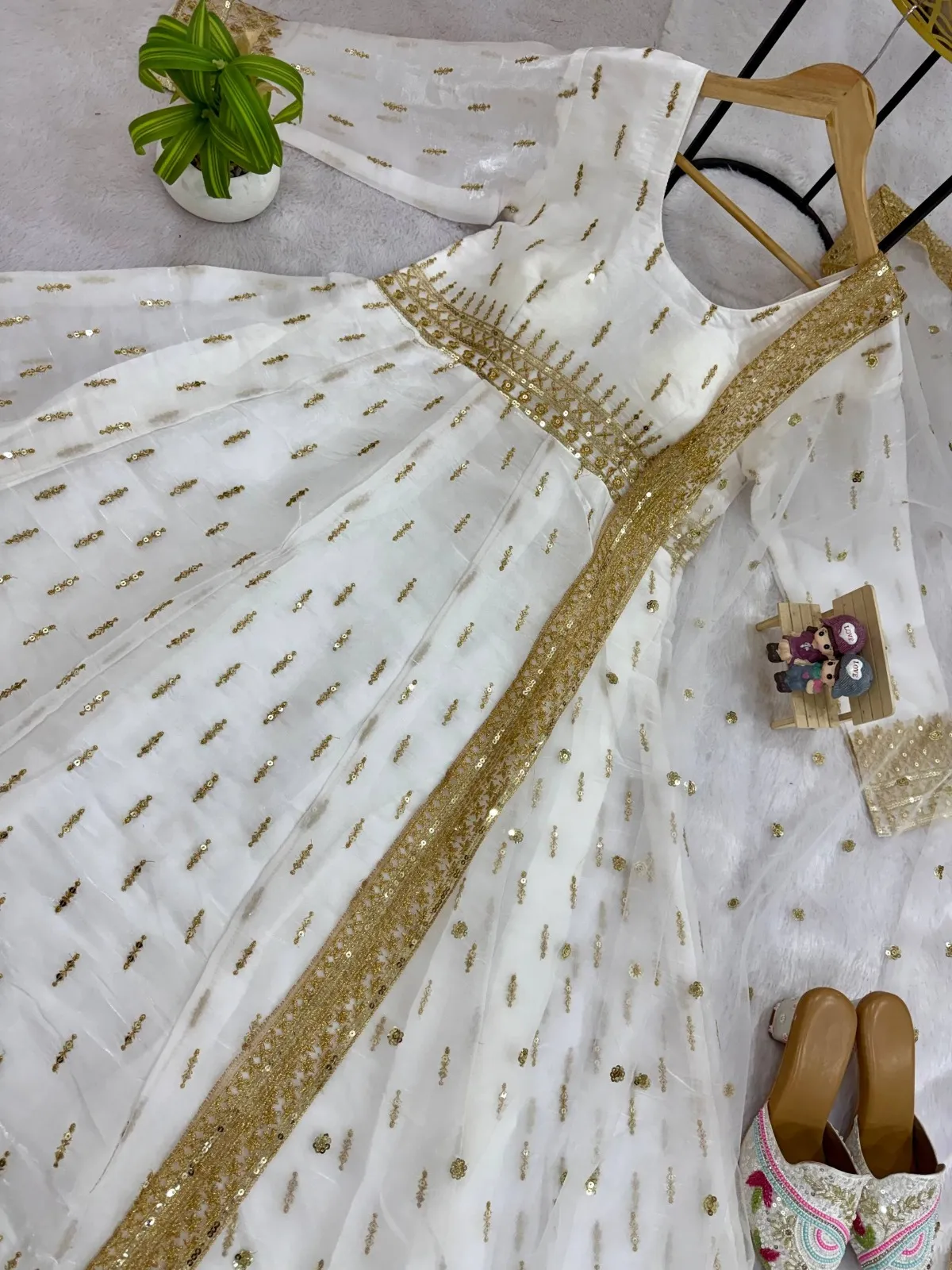 White Anarkali with Golden Embroidery for Eid Festival