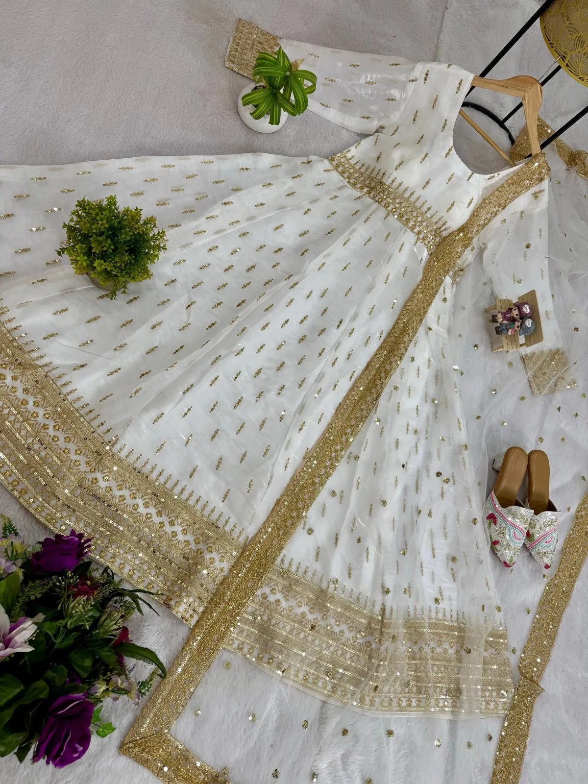White Anarkali with Golden Embroidery for Eid Festival