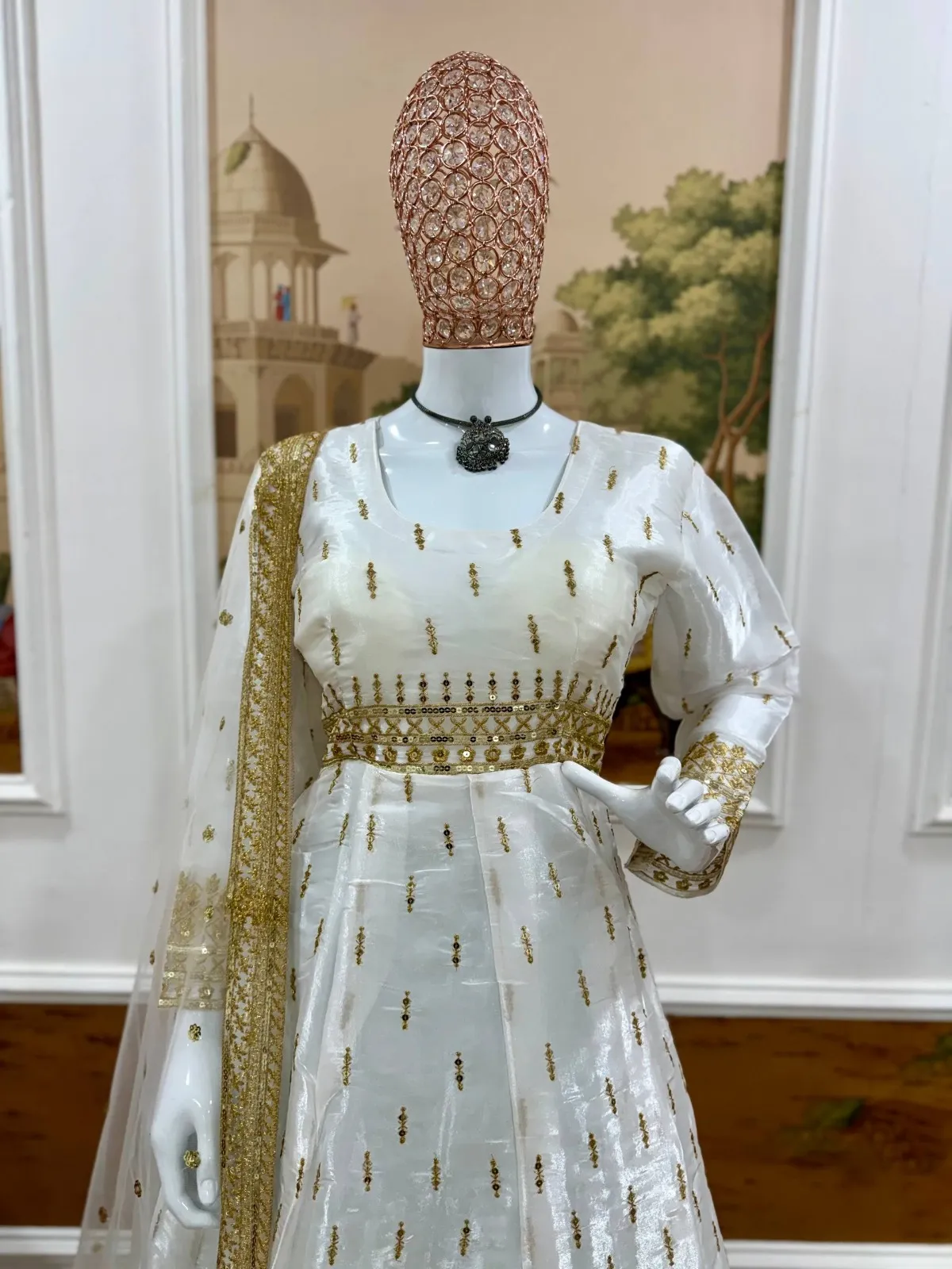 White Anarkali with Golden Embroidery for Eid Festival