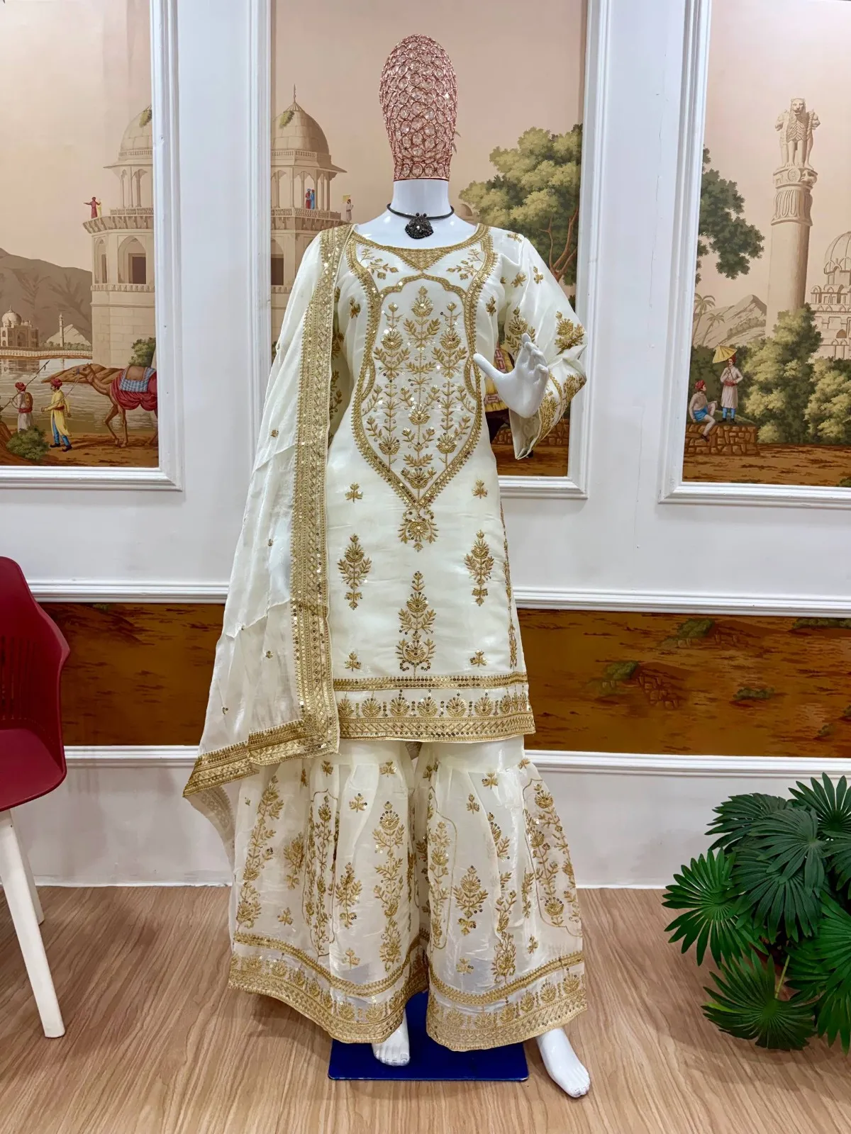 White Sharara with Golden Embroidery for Eid Festival