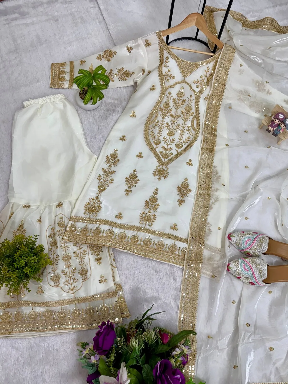 White Sharara with Golden Embroidery for Eid Festival