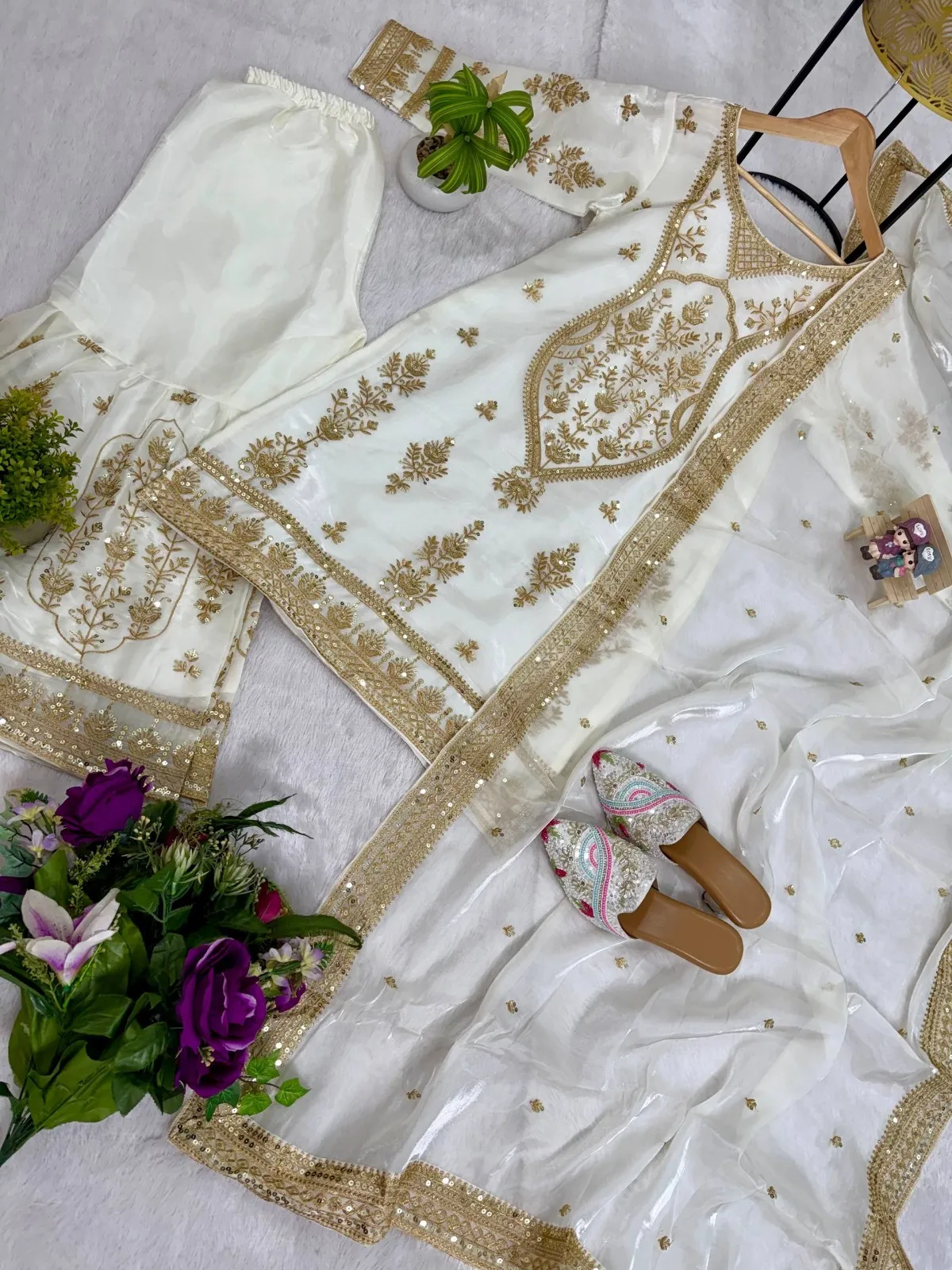 White Sharara with Golden Embroidery for Eid Festival