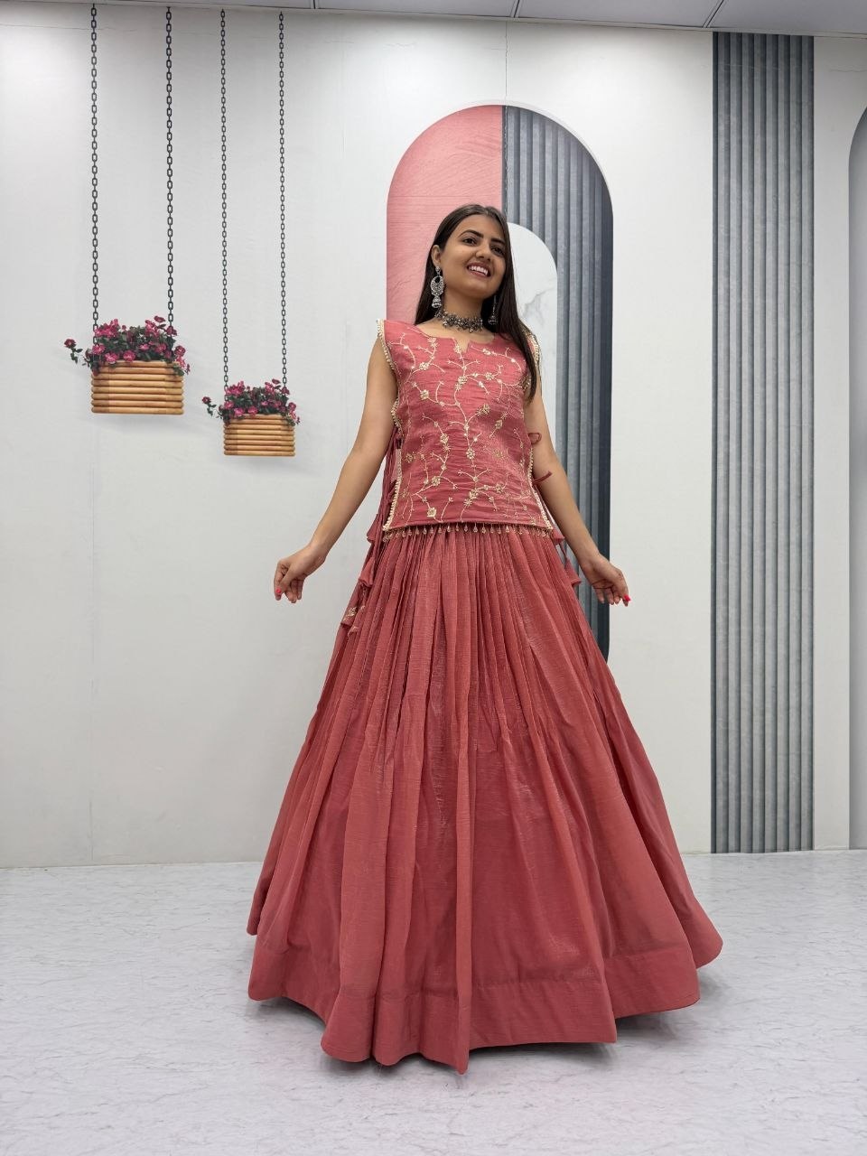 Pink Designer Long Blouse with Lehenga Under 2000
