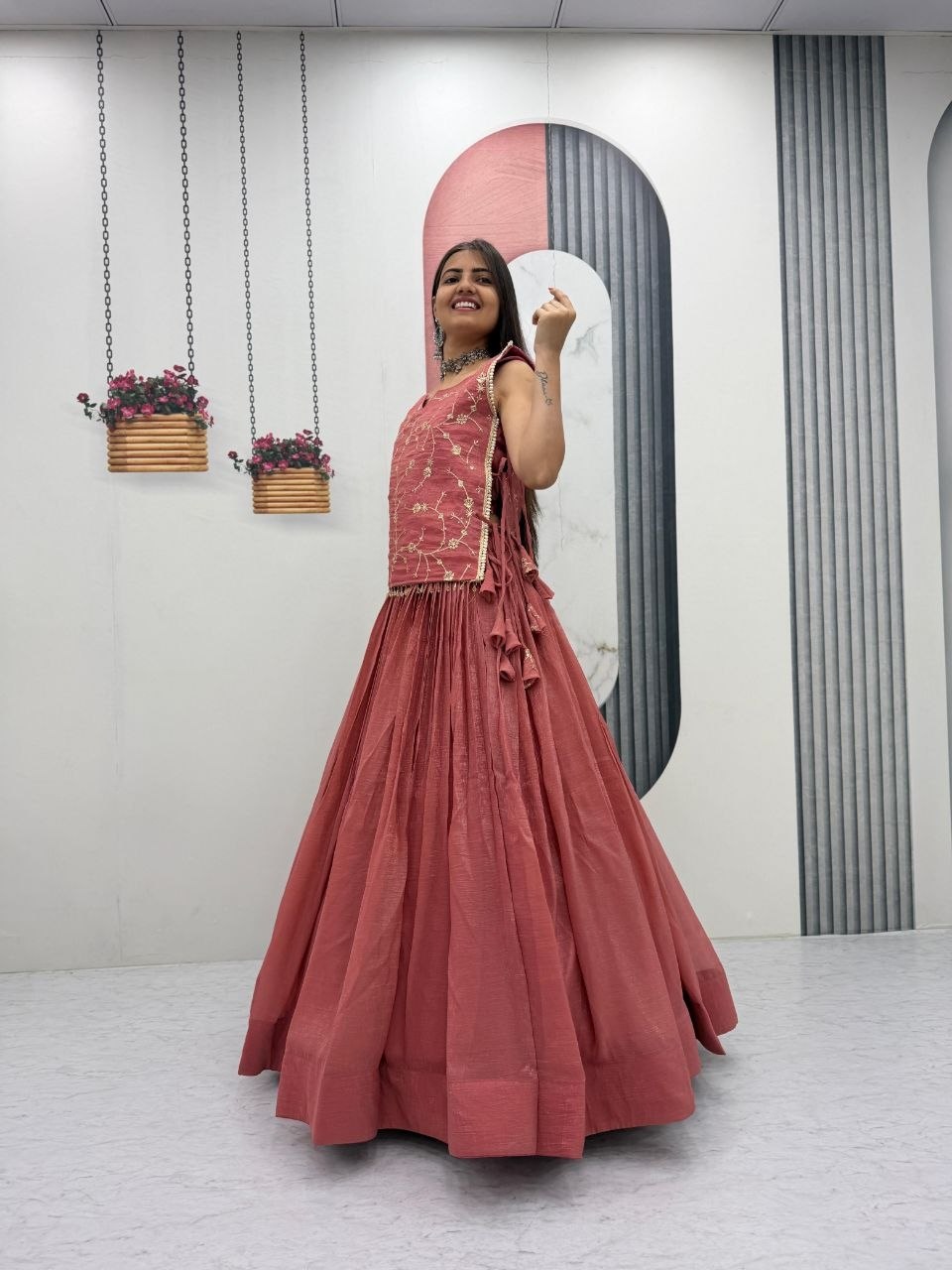 Pink Designer Long Blouse with Lehenga Under 2000