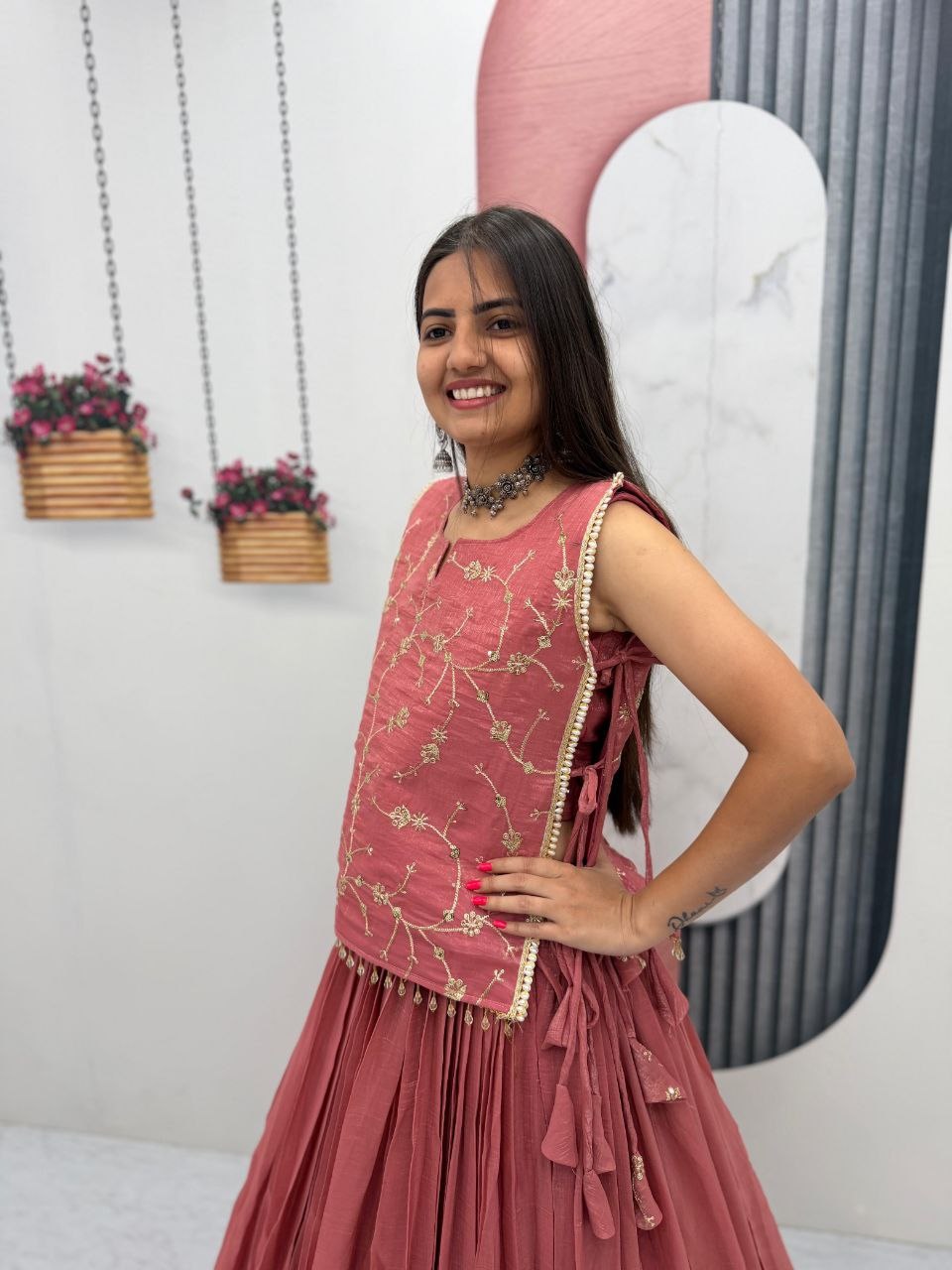 Pink Designer Long Blouse with Lehenga Under 2000