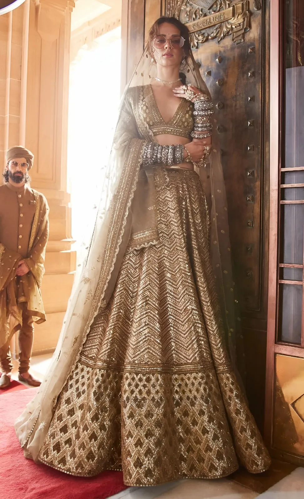 Antique Gold Bridal Lehenga with Heavy Embroidery &amp; Net Dupatta