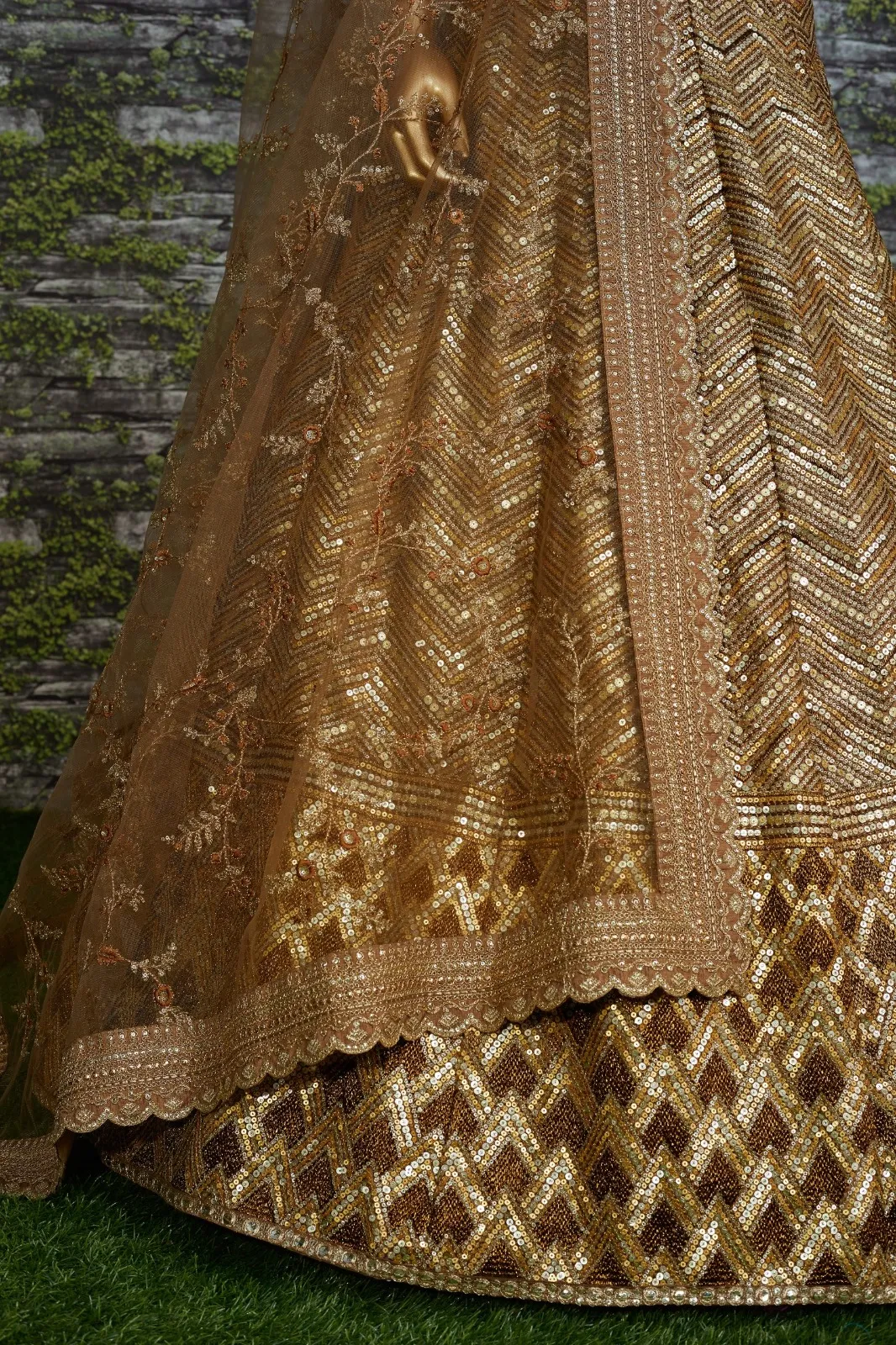 Antique Gold Bridal Lehenga with Heavy Embroidery &amp; Net Dupatta