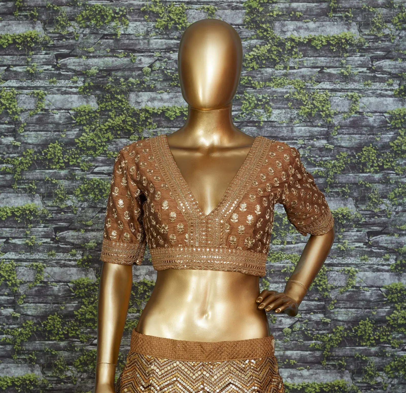 Antique Gold Bridal Lehenga with Heavy Embroidery &amp; Net Dupatta