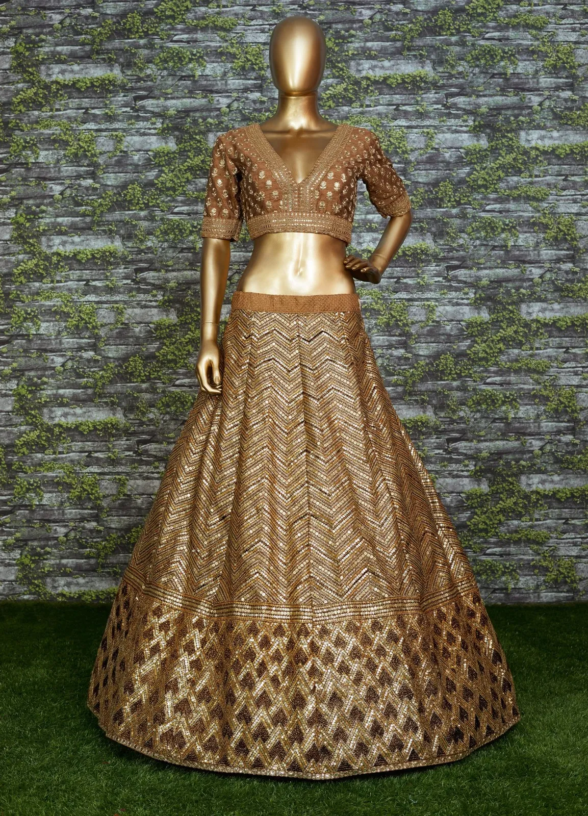 Antique Gold Bridal Lehenga with Heavy Embroidery &amp; Net Dupatta