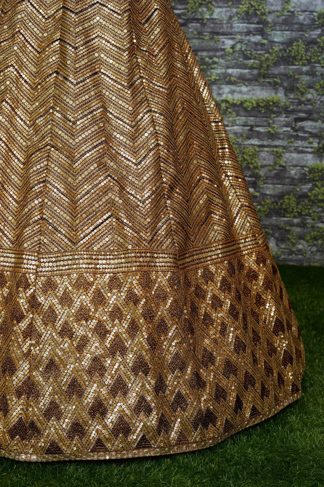 Antique Gold Bridal Lehenga with Heavy Embroidery &amp; Net Dupatta