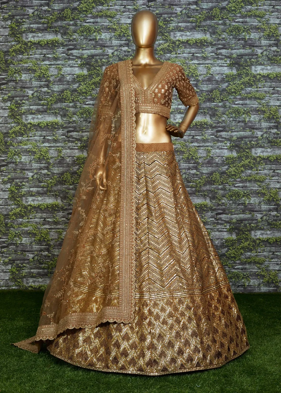 Antique Gold Bridal Lehenga with Heavy Embroidery &amp; Net Dupatta