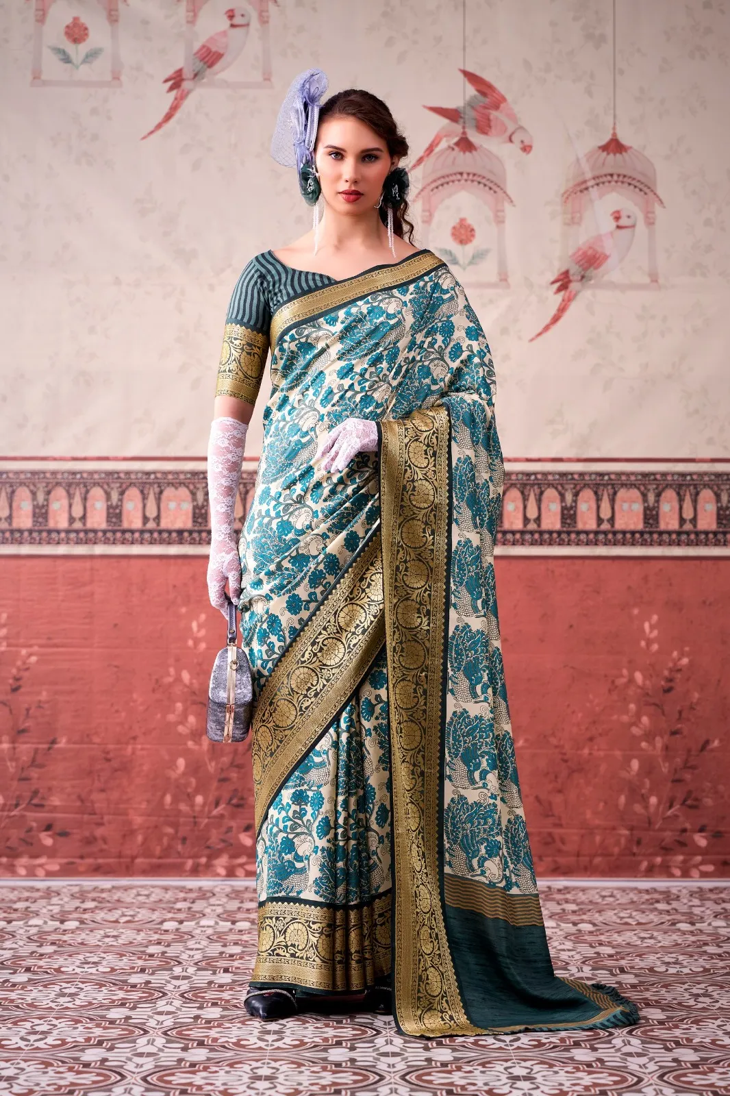 Sea Blue Tasar Silk Floral Printed Saree with Border