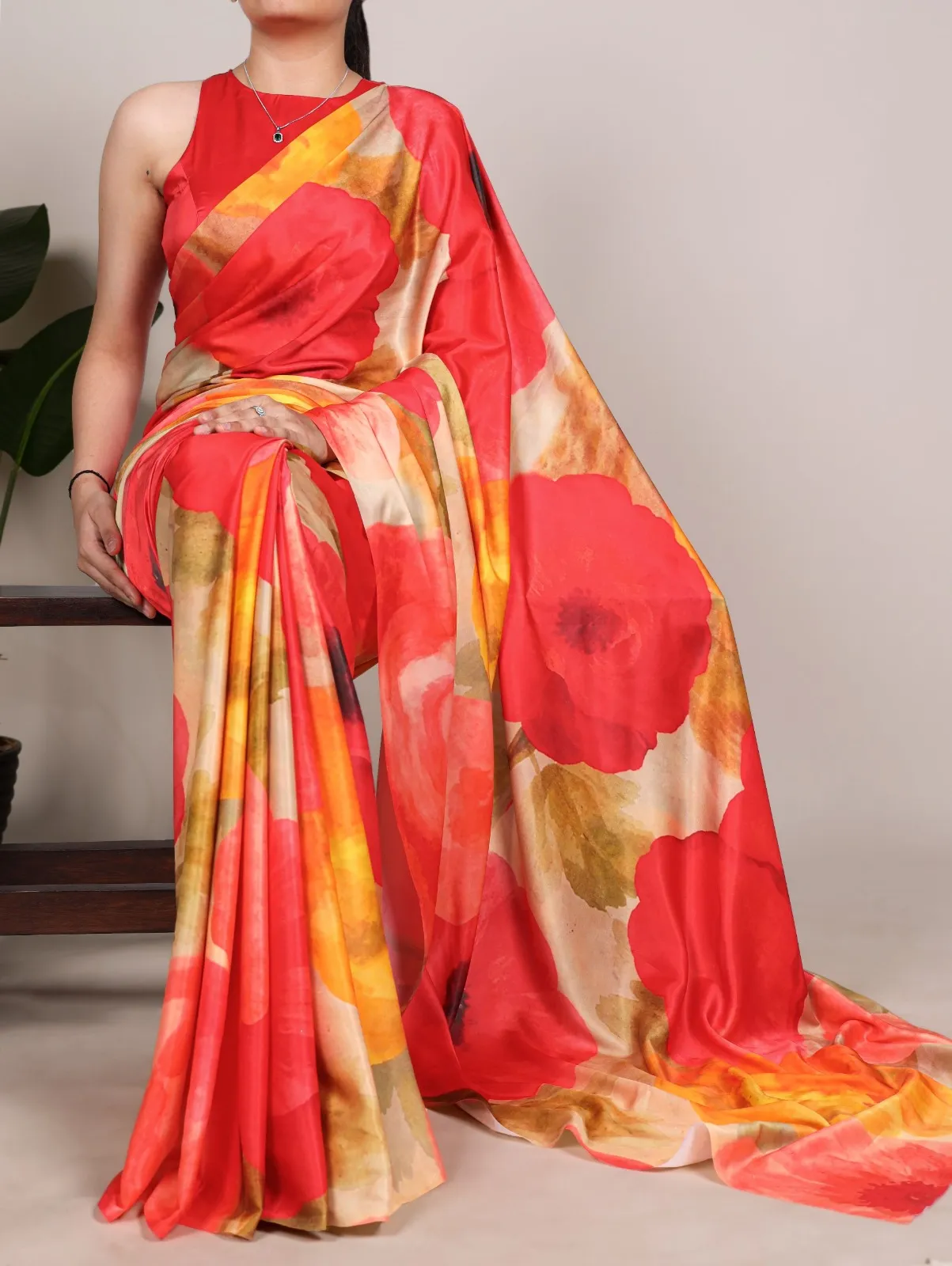 Big Lotus Printed Satin Saree