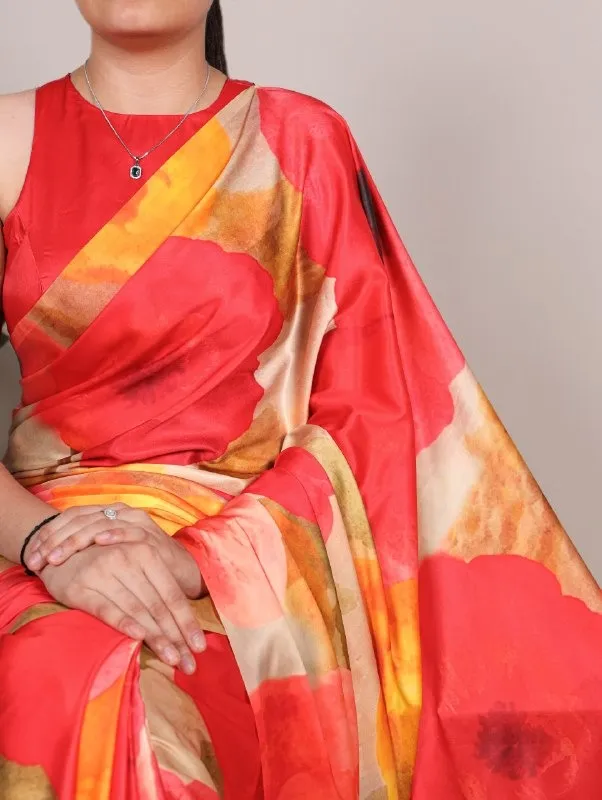 Big Lotus Printed Satin Saree
