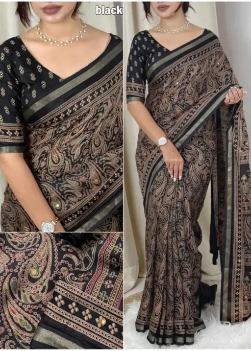 Black Ajrakh Printed Saree