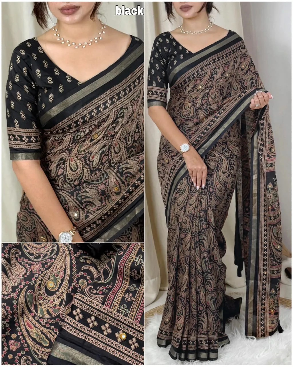 Black Ajrakh Printed Saree