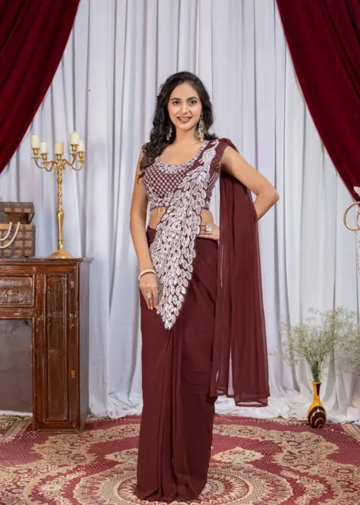 Brown Color Peacock Pallu Readymade Saree