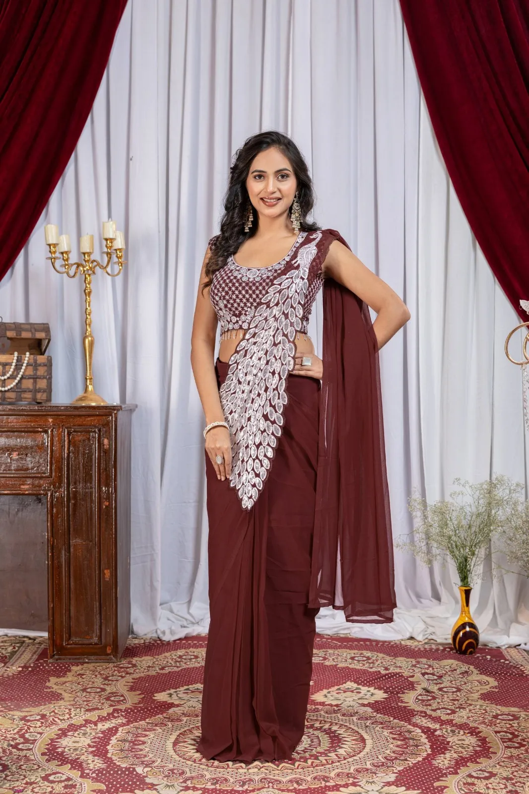 Brown Color Peacock Pallu Readymade Saree