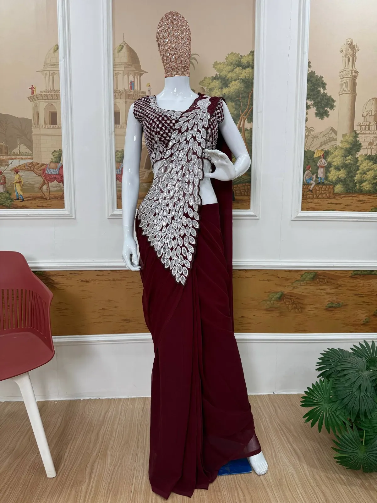 Brown Color Peacock Pallu Readymade Saree