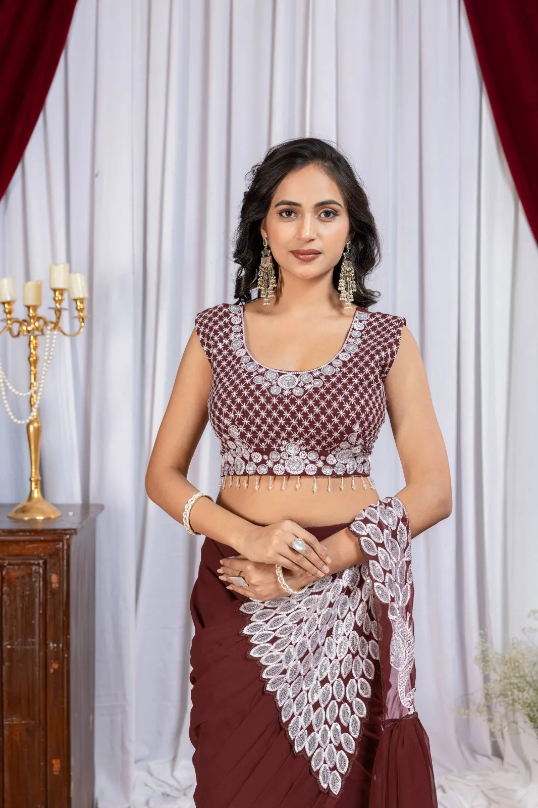Brown Color Peacock Pallu Readymade Saree