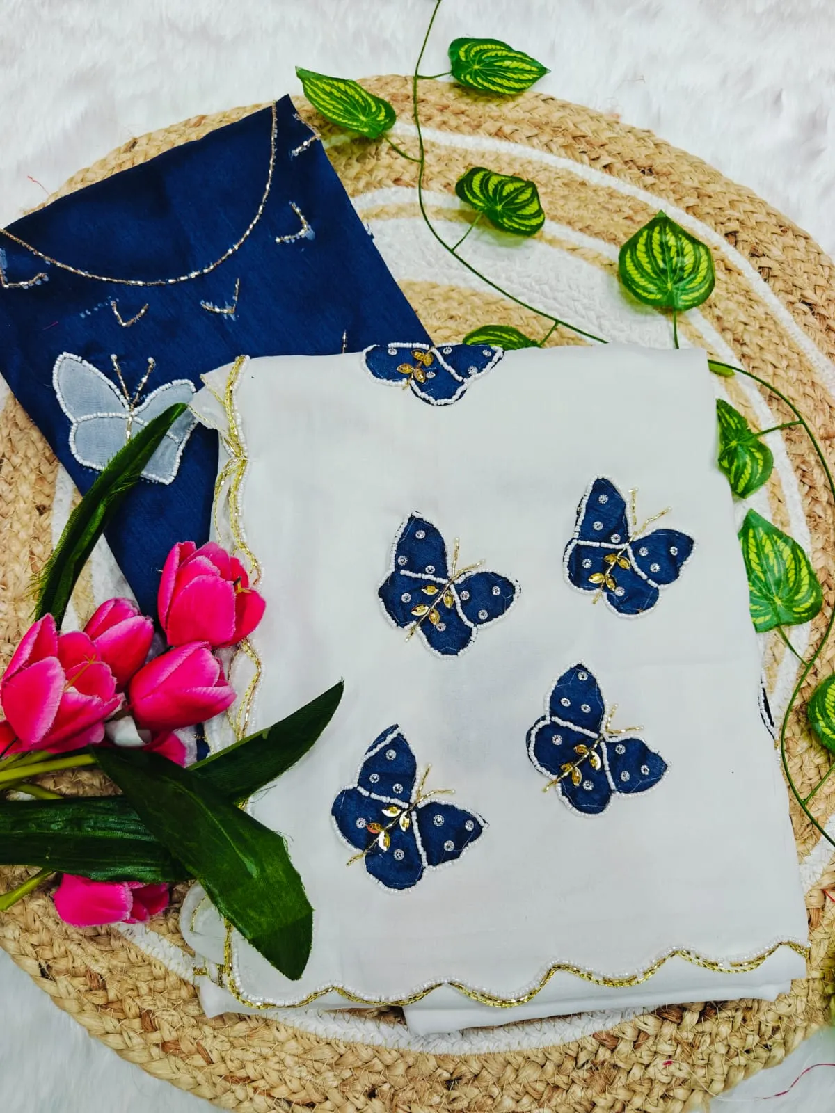 Butterfly Handwork Saree White Blue