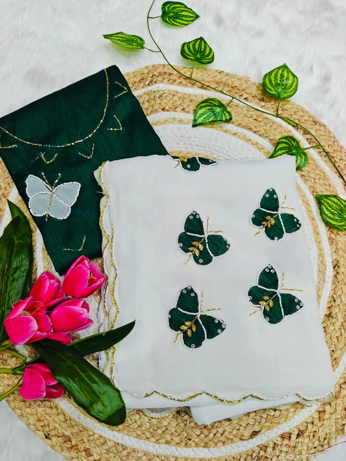Butterfly Handwork Saree White Green