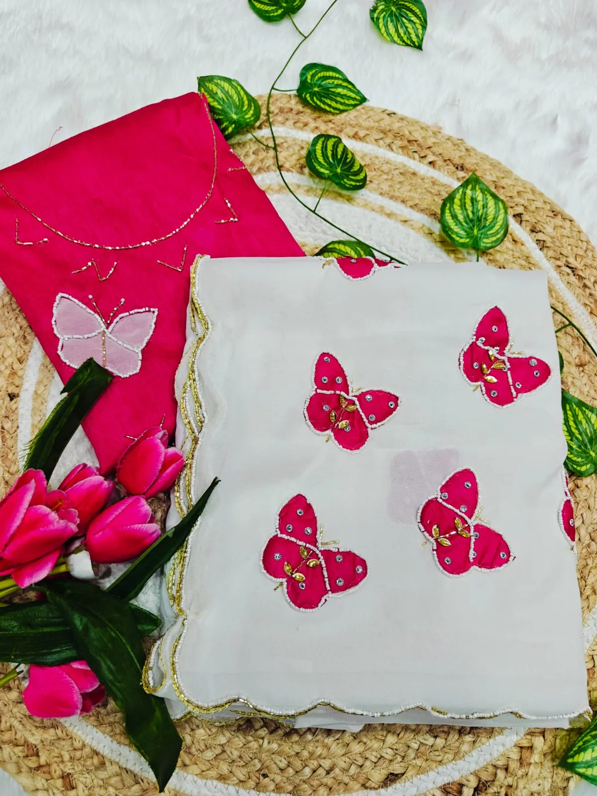 Butterfly Handwork Saree White pink