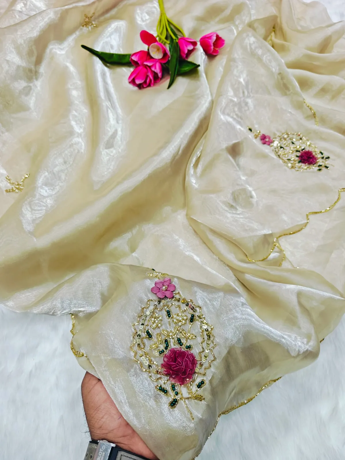 Chiku Color Handwork Saree