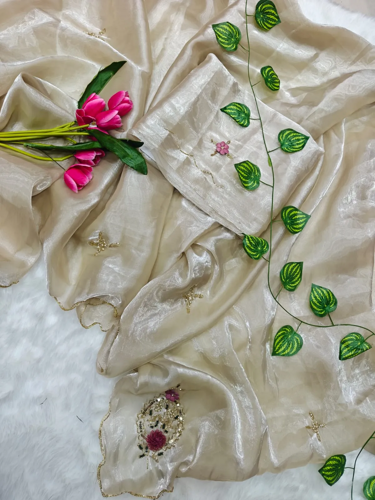Chiku Color Handwork Saree